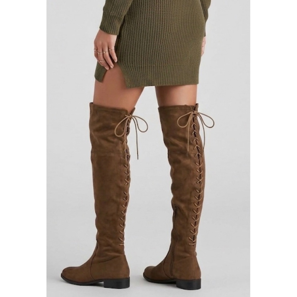 French Connection Brown Vegan Suede Lace Up Over The Knee Boots Low Heel Size 6